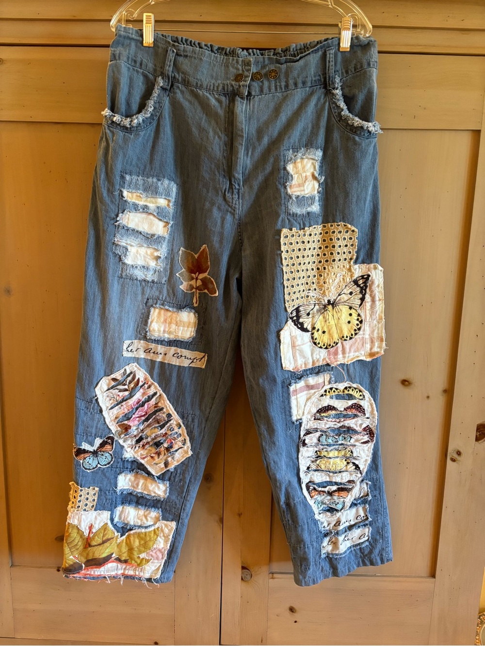 Bohemian Patchwork Straight-Leg Women's Jeans - Blue with Butterfly Accents